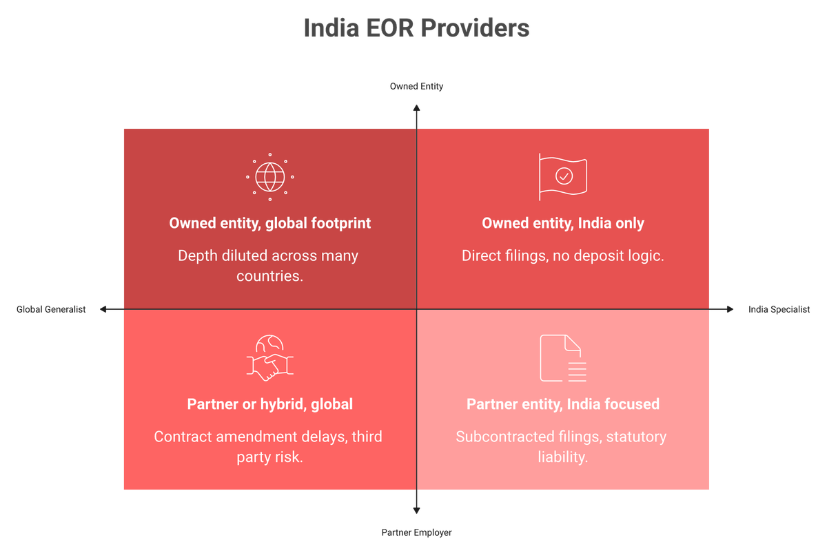 Matrix plotting India EOR providers by entity ownership and India specialisation versus global coverage