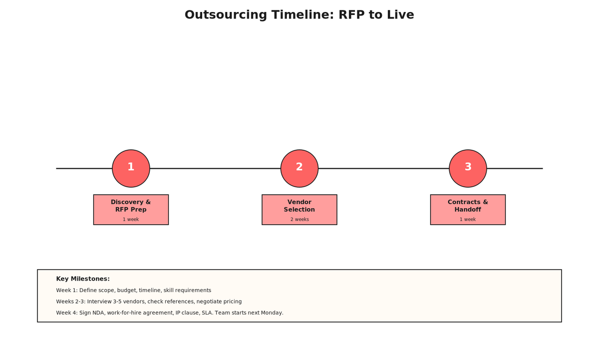 Timeline for outsourcing: 4 weeks from RFP to live team. Week 1 discovery, weeks 2-3 vendor evaluation, week 4 contracts and handoff.