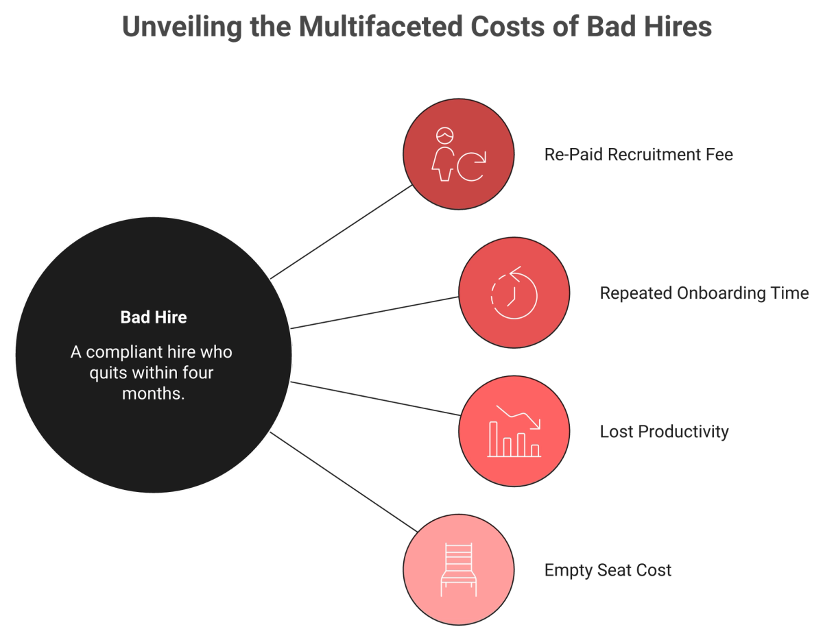 Radial diagram showing how a compliant hire who quits early triggers four compounding India hiring costs