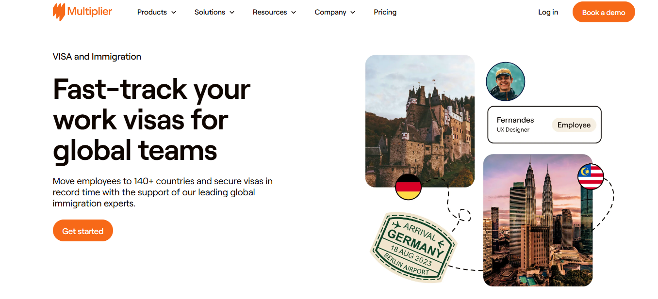 Multiplier work visa and immigration support, showing employee profile, Germany arrival stamp and 140+ country relocation