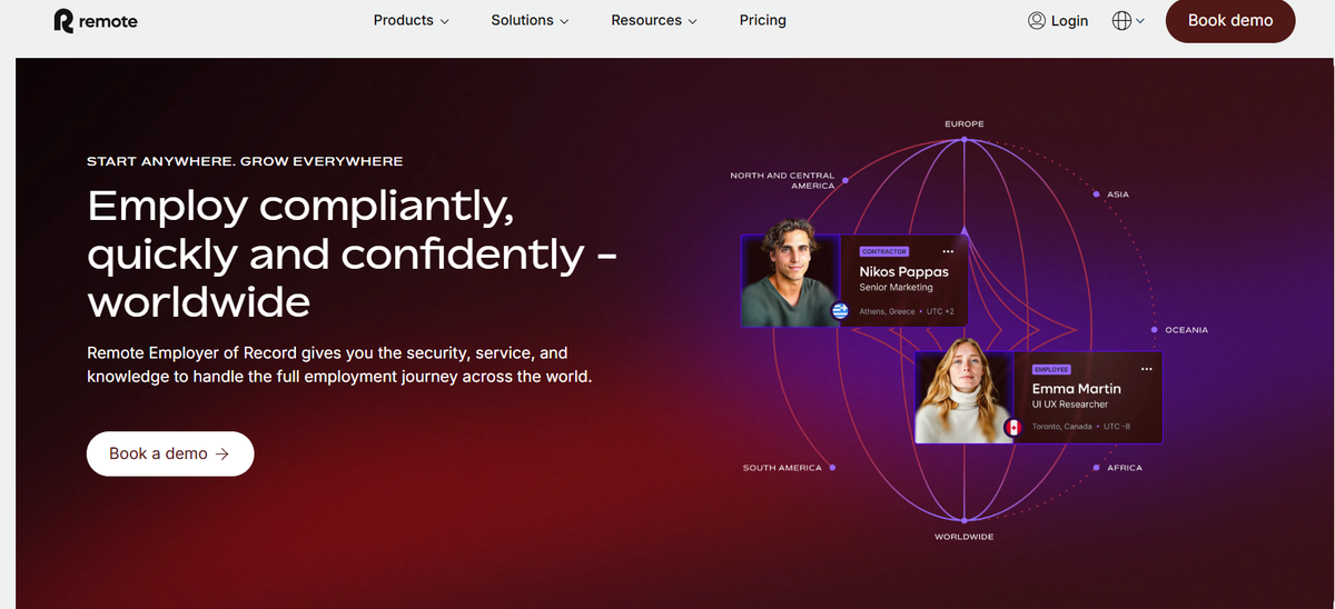 Remote Employer of Record platform for compliant worldwide hiring with contractor and employee profiles