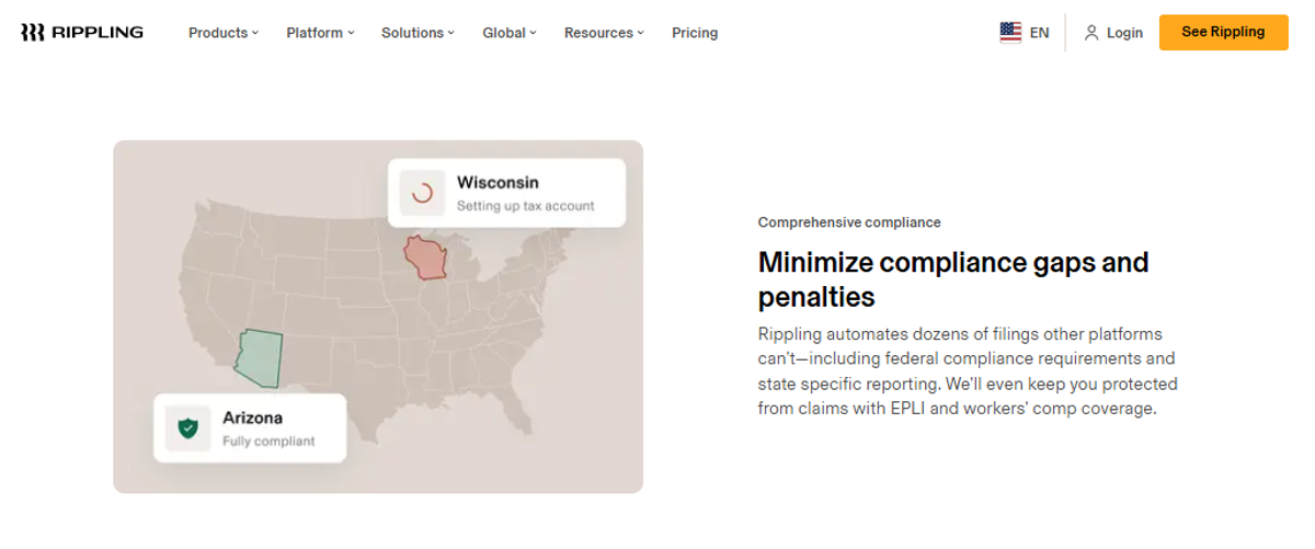 Rippling PEO compliance webpage showing a US map with Wisconsin tax account setup and Arizona compliance status.