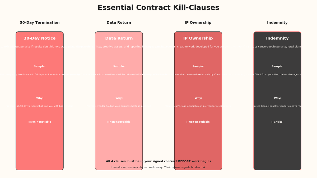 Contract kill-clauses visual showing 30-day termination, data return, IP ownership, and indemnity clauses with sample language.