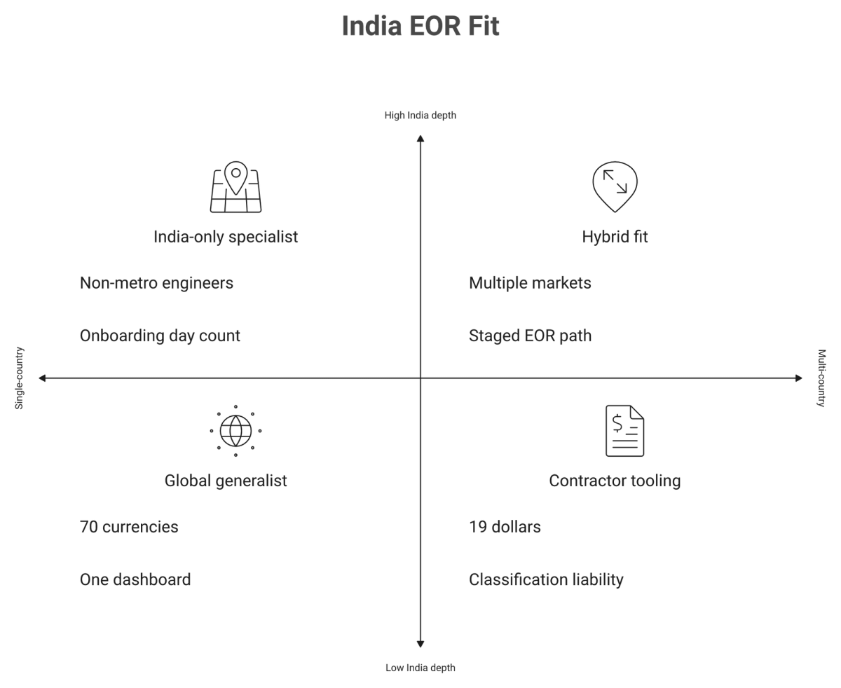 Quadrant matrix mapping India EOR choices by country breadth and India compliance depth requirements