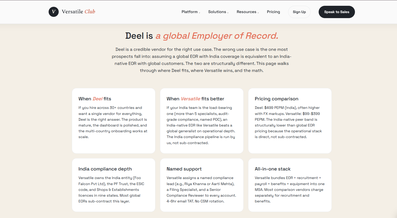 Comparison cards showing when Deel fits versus India-native EOR Versatile on pricing, compliance depth, and support