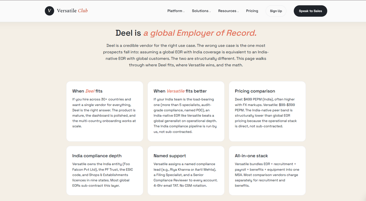 Comparison cards showing when Deel fits versus India-native EOR Versatile on pricing, compliance depth, and support