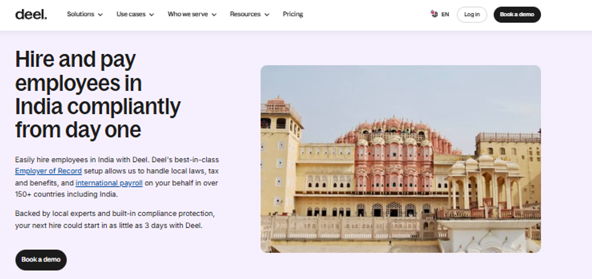 Deel India EOR page claiming compliant hiring from day one and starts in as little as 3 days, with Hawa Mahal photo