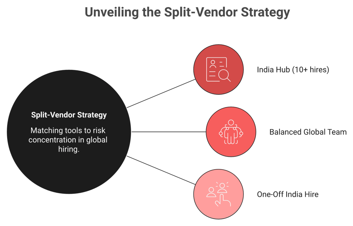 Hub-and-spoke diagram mapping India hub, balanced global, and one-off hires to the right EOR vendor.