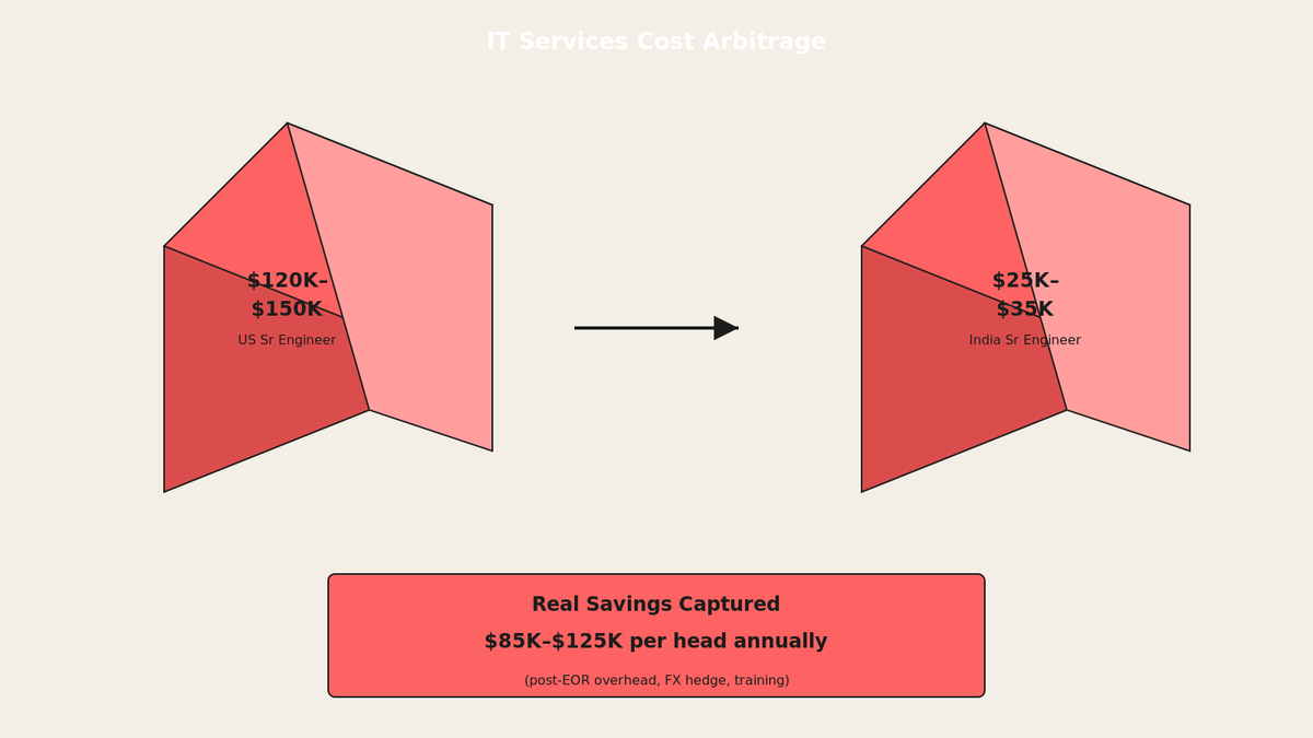 Isometric 3-box diagram showing US hiring cost (top face $120K-$150K), India outsourcing cost (front face $25K-$35K with Versatile overhead), and real savings captured (right side $85K-$125K after compliance and FX). Text callouts: 'Versatile EOR', 'Salary only', 'Real net savings'.