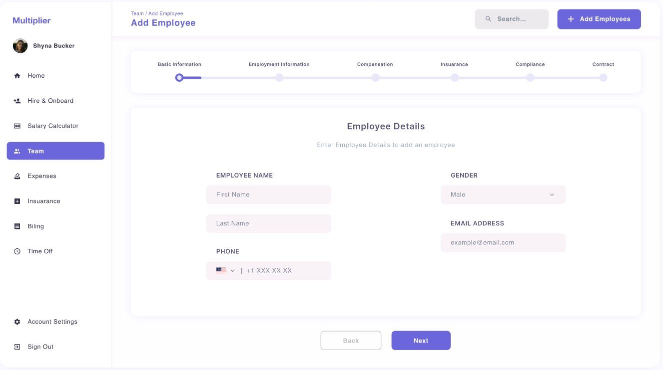 Multiplier add employee form with onboarding steps from basic info to compliance and contract setup