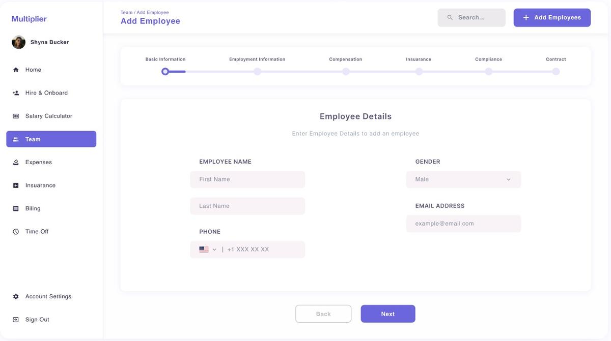 Multiplier dashboard showing four-step India hire and onboard flow with 1 to 2 day verification timeline