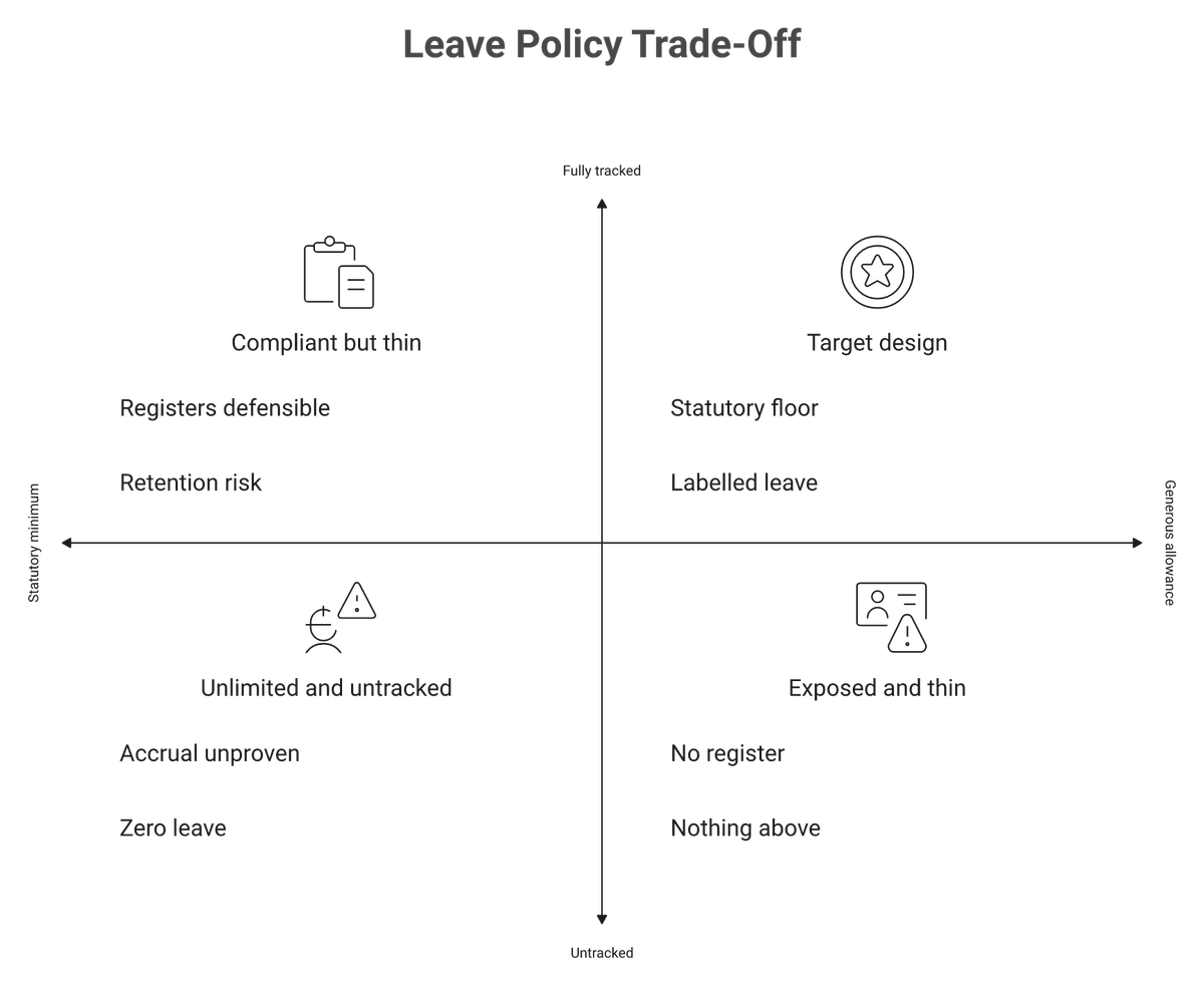Two by two matrix comparing tracked and untracked leave policies against statutory and generous allowances