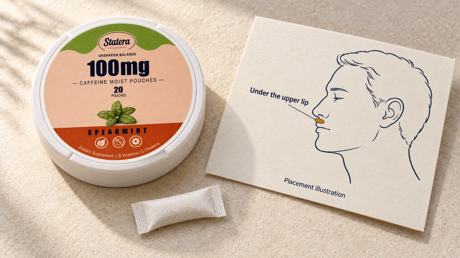 STATERA Spearmint 100mg can beside an intact pouch and an illustrated upper-lip placement card