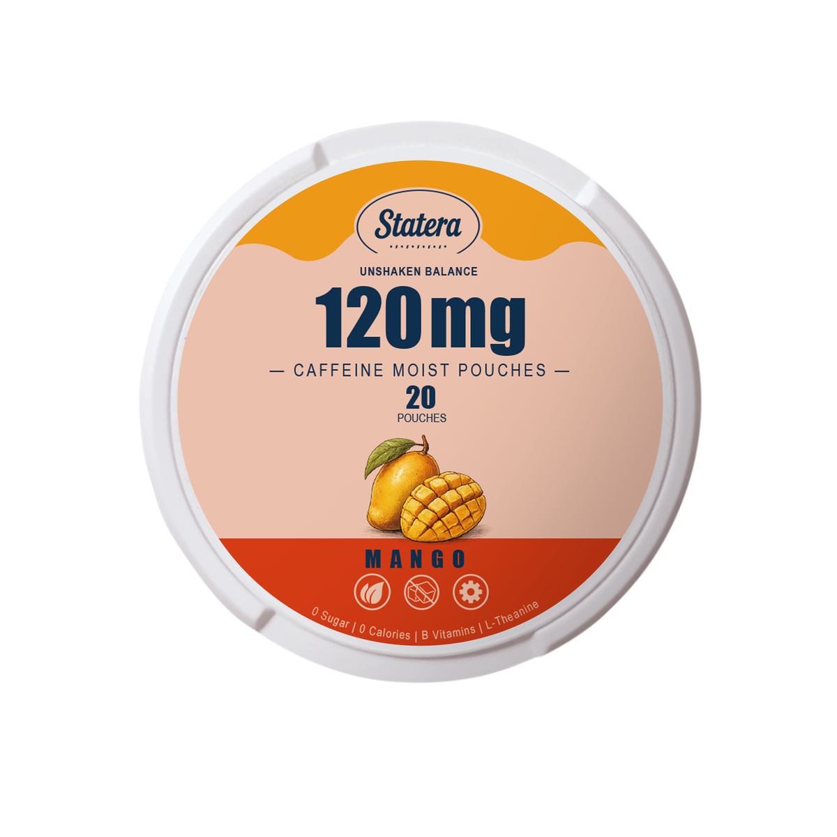 STATERA Mango 120mg caffeine pouches, 20 count can, zero sugar, zero calories, zero nicotine