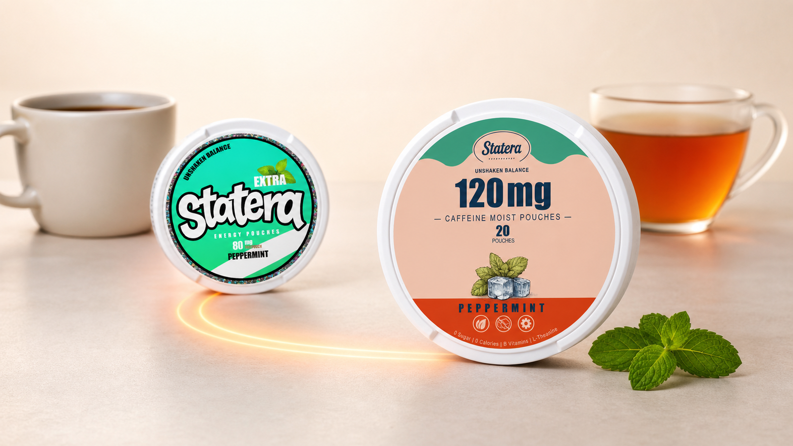 STATERA 80mg and 120mg Peppermint caffeine pouch cans beside coffee and tea for a caffeine strength comparison