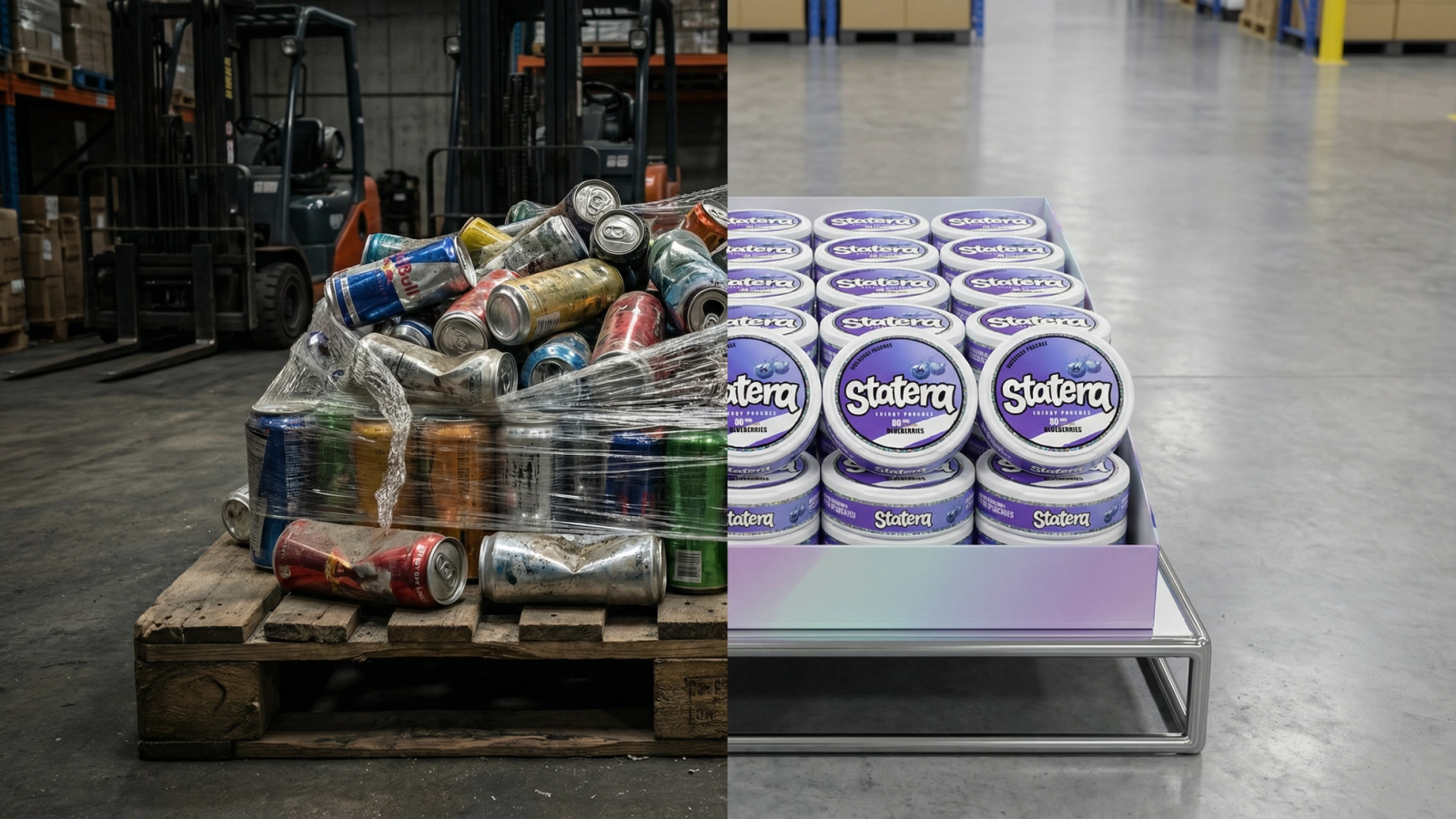 Wholesale buyer comparing caffeine pouch cases with canned energy drink cases