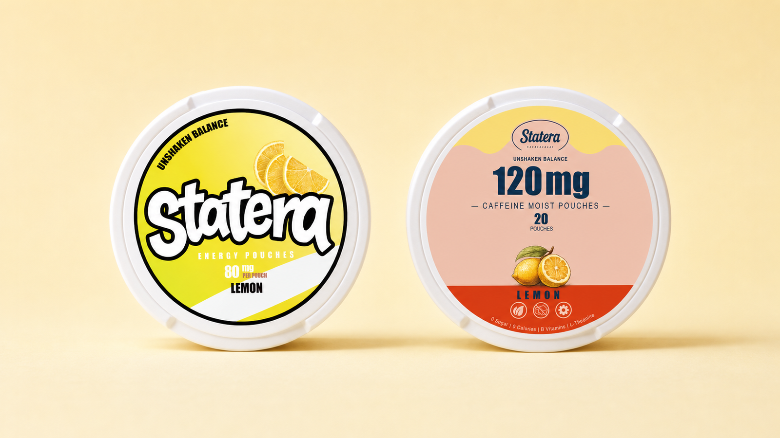STATERA Lemon 80mg and 120mg caffeine pouch cans side by side on a warm studio background