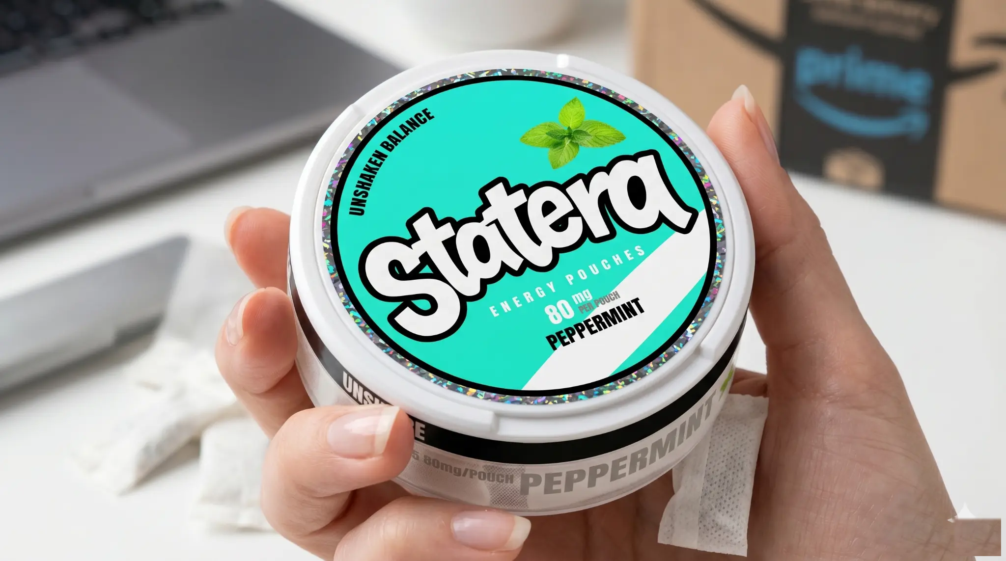 STATERA Peppermint 80mg caffeine pouch held in hand — clean energy without coffee or energy drinks