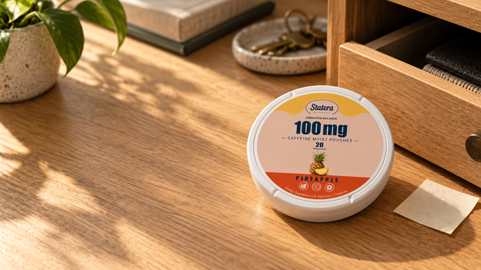 Closed STATERA Pineapple 100mg can on a dry wooden desk beside a drawer