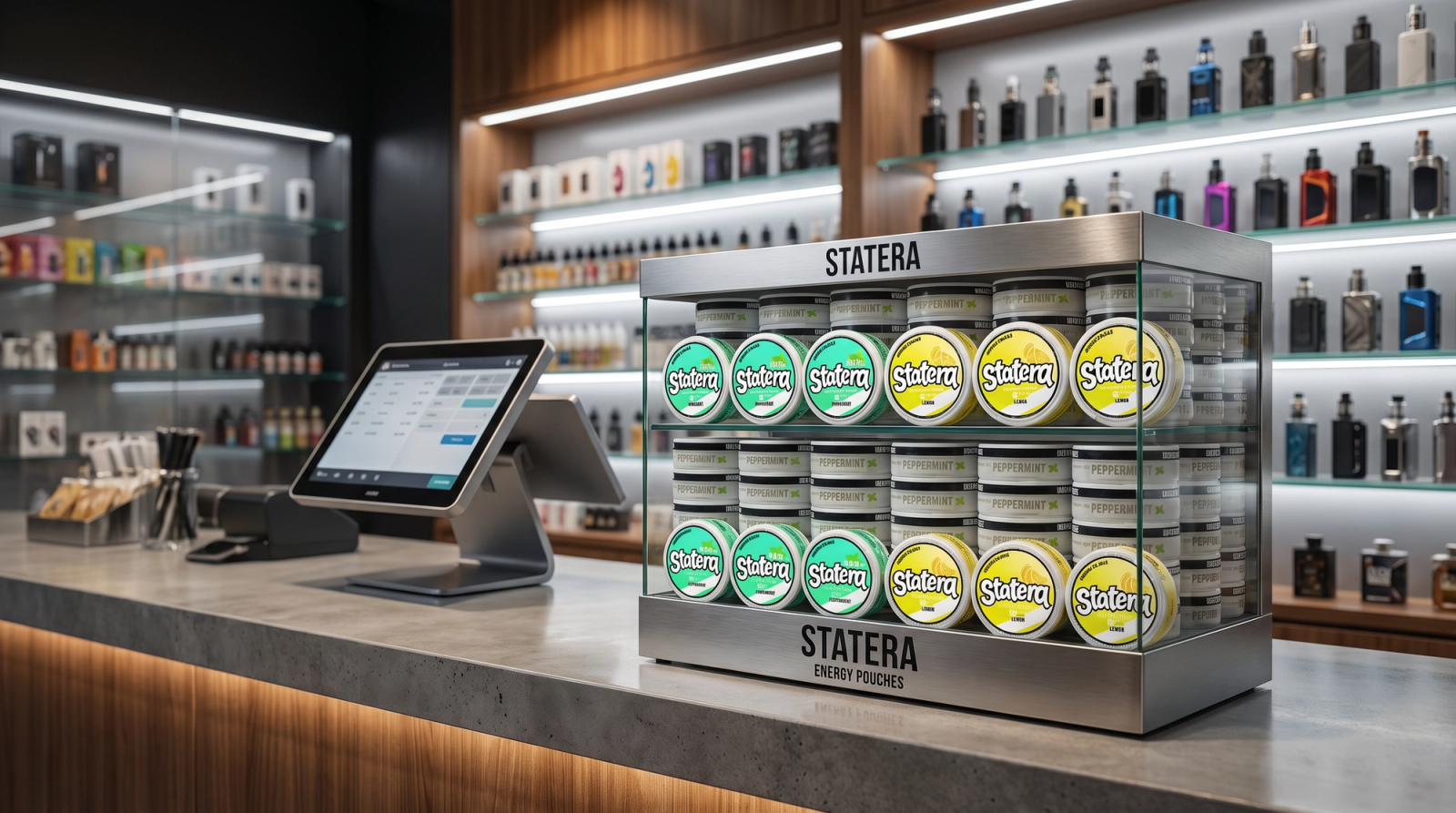 Adult retail counter with a clearly labeled caffeine pouch display and pricing information