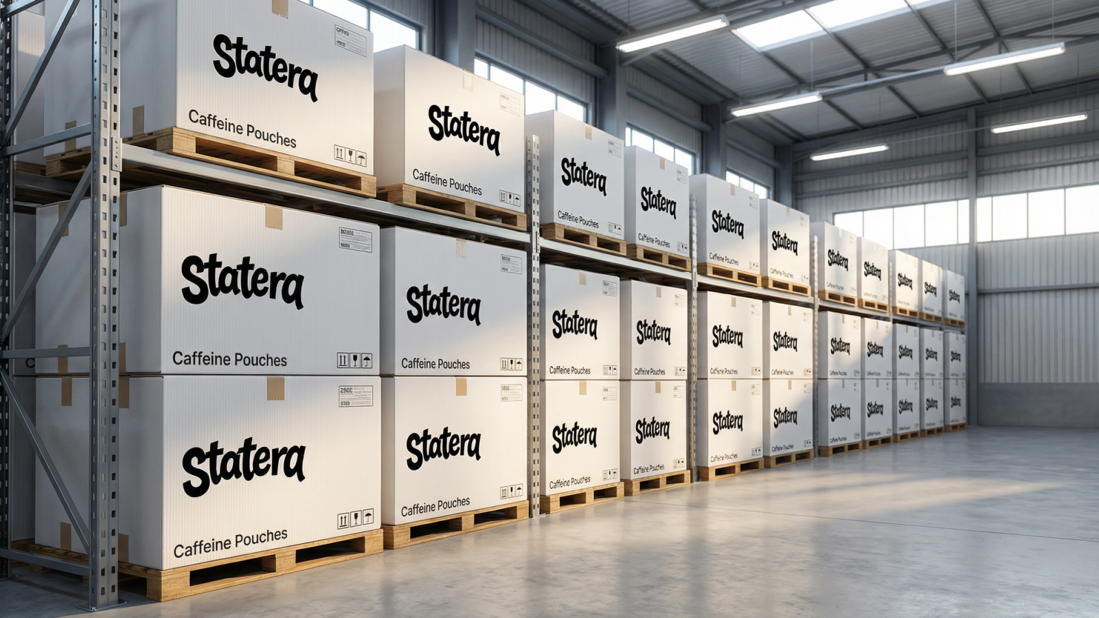 Caffeine pouch cans stored by lot and expiry date on clean wholesale shelving
