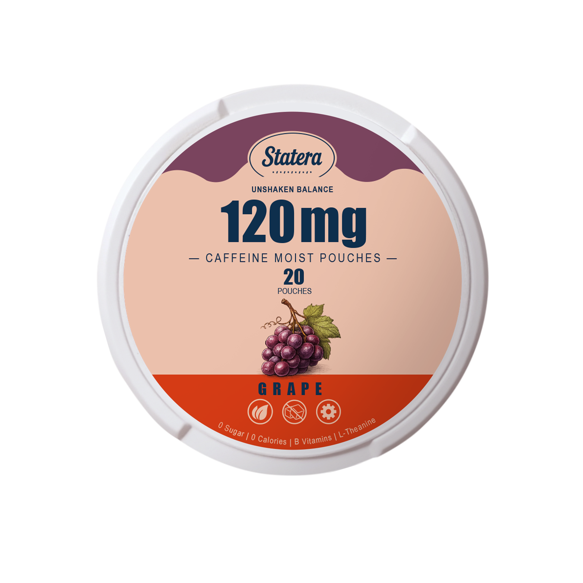 STATERA Grape 120mg caffeine pouches, 20 count can, zero sugar, zero calories, zero nicotine