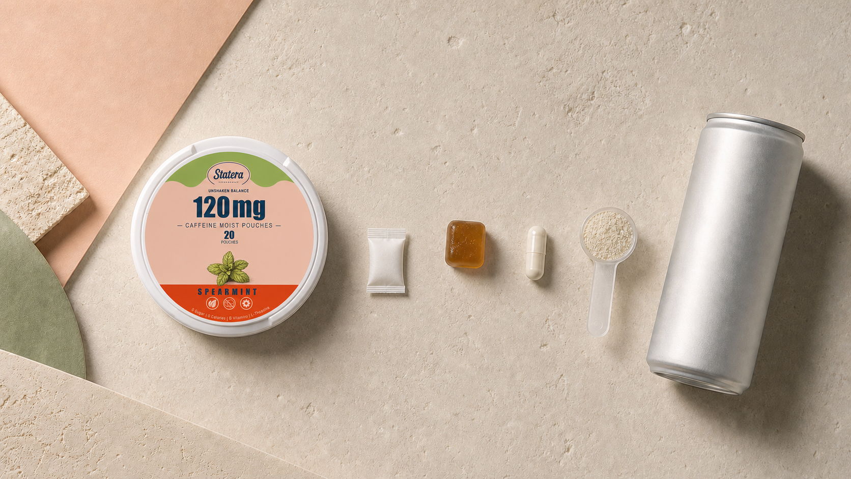 STATERA Spearmint 120mg caffeine pouch can with one loose oral pouch beside an unbranded gummy, capsule, powder scoop and drink can in a neutral flat lay