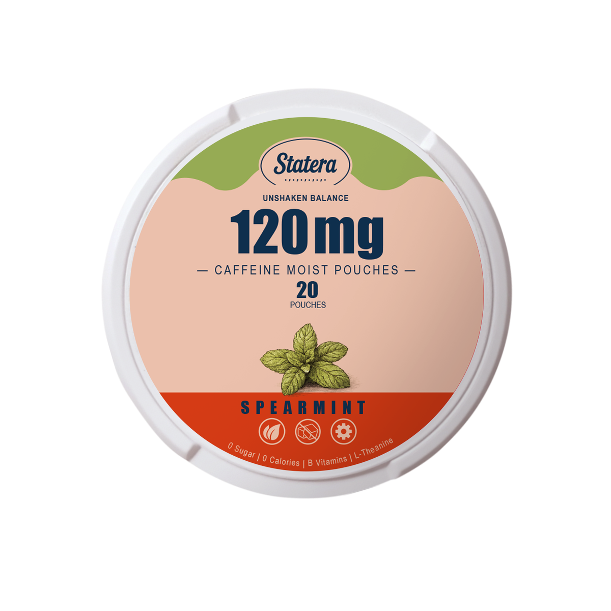 STATERA Spearmint 120mg caffeine pouches, 20 count can, zero sugar, zero calories, zero nicotine