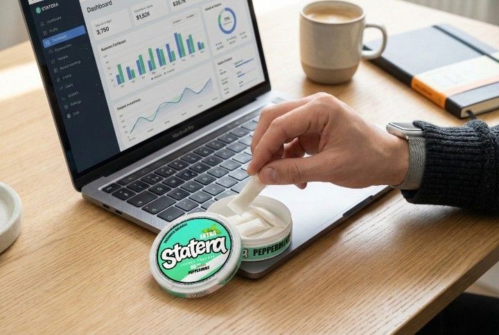 Person taking a STATERA pouch while working, showing hands-free convenience