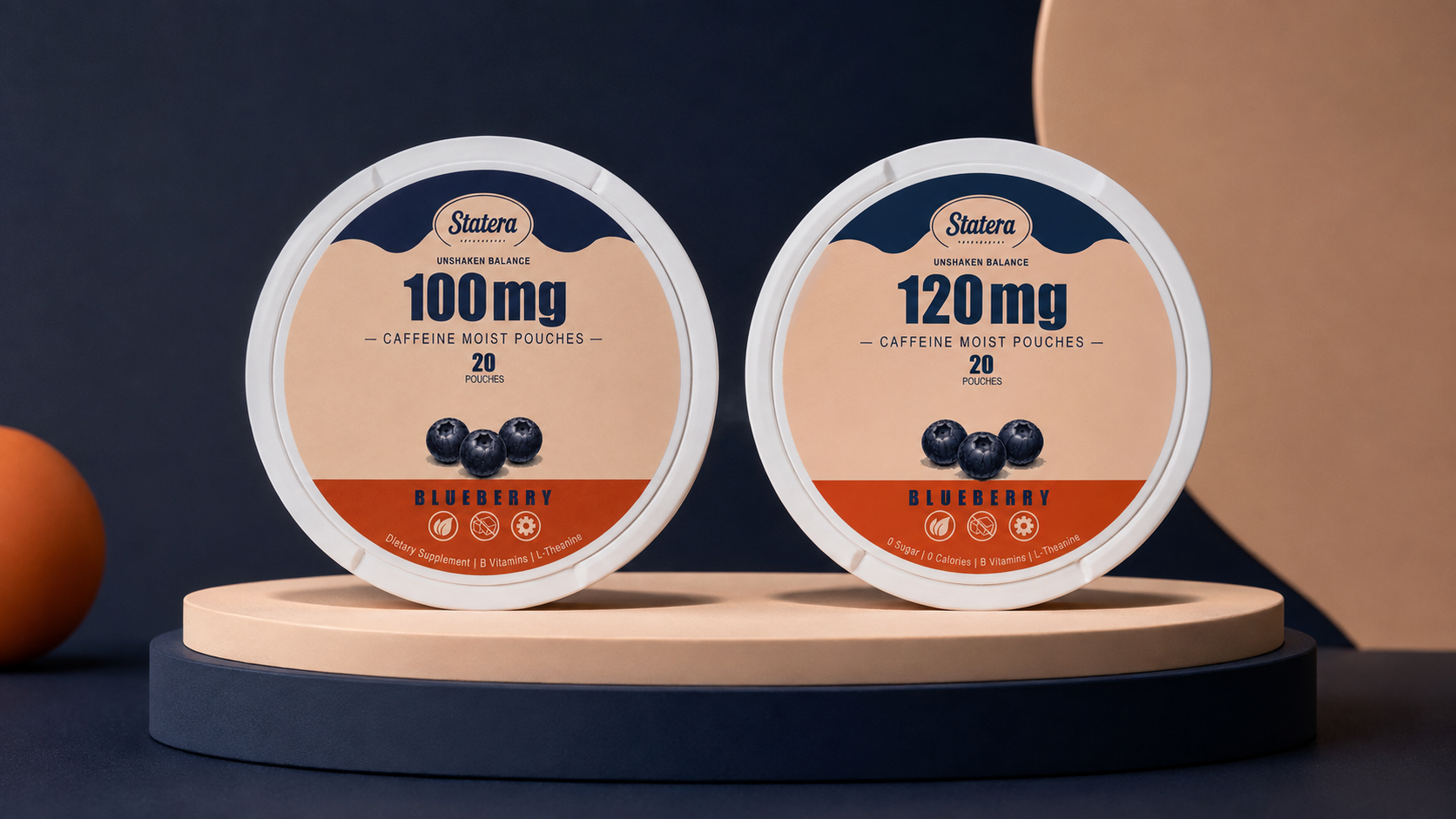STATERA Blueberry 100mg and 120mg caffeine pouch cans side by side on a navy and peach editorial plinth