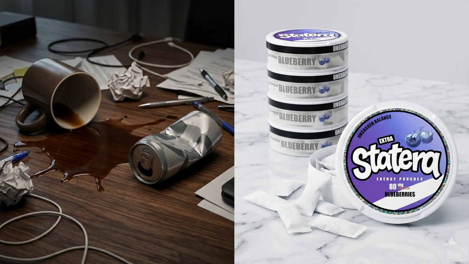 Coffee cup beside a labeled STATERA caffeine pouch can for an adult format comparison