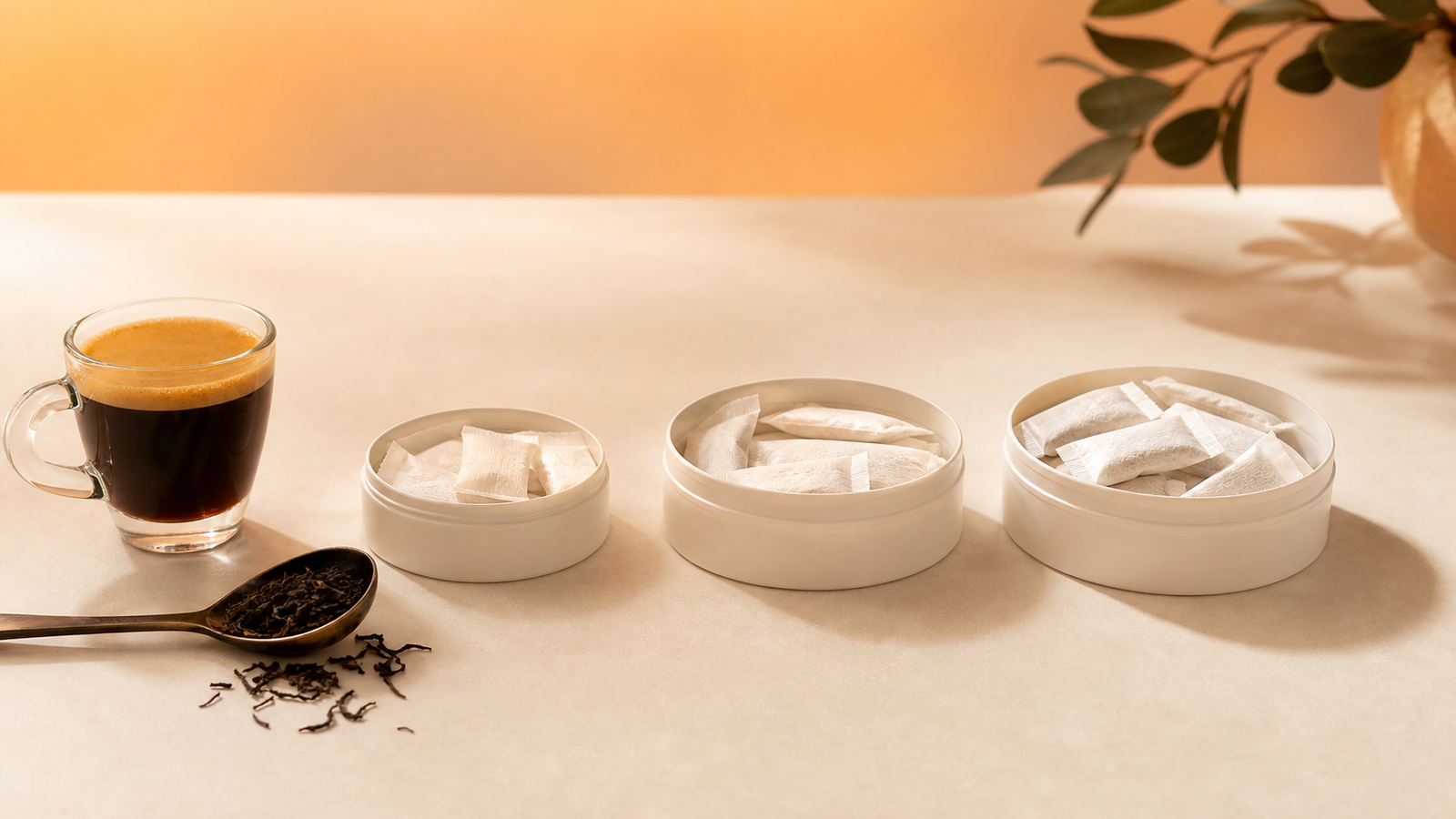 Three unbranded caffeine pouch tins beside coffee and tea, illustrating lower, medium, and higher caffeine pouch strength comparisons.