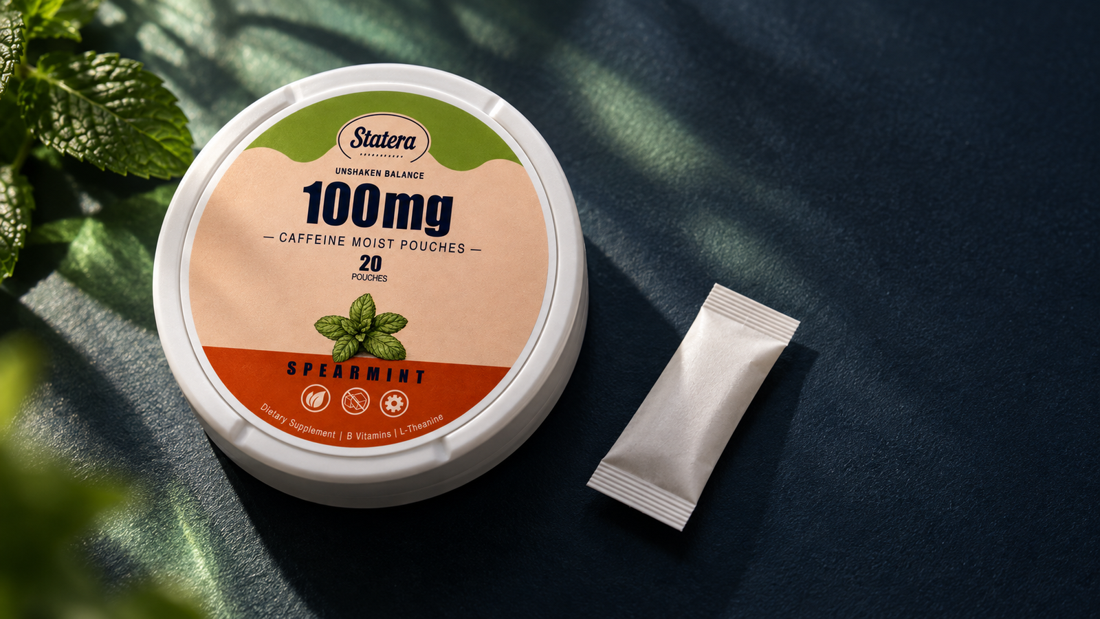 Real STATERA Spearmint 100mg can and an intact white pouch on a dark desk with soft green light