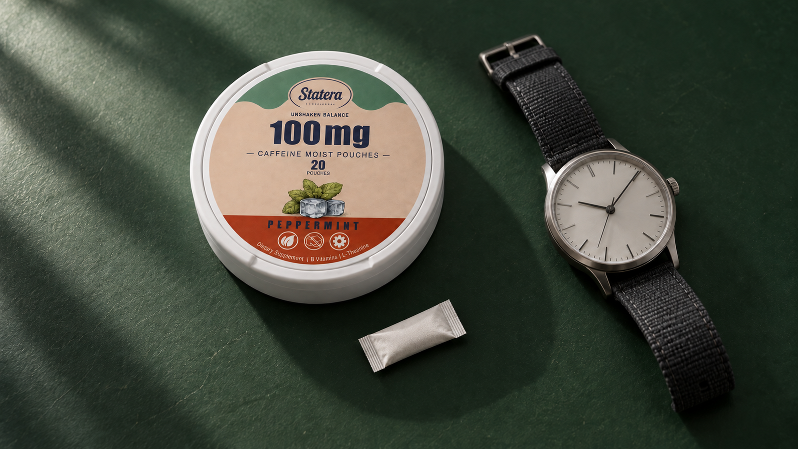 STATERA Peppermint 100mg can, a small white oral pouch and an analog wristwatch on a green surface