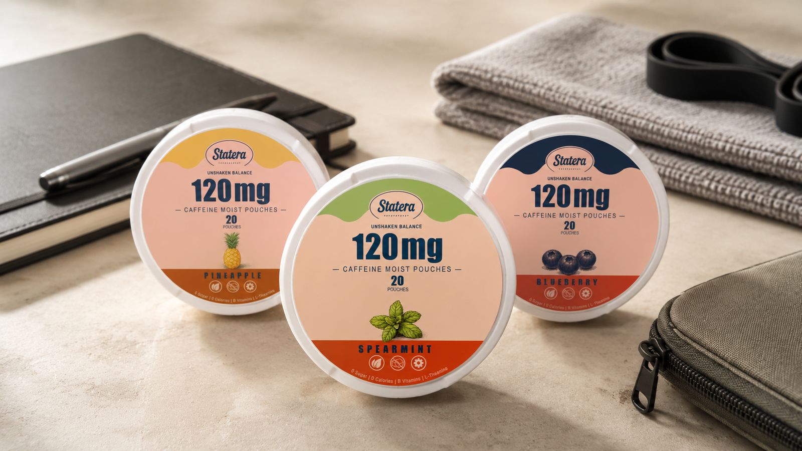 Three STATERA 120mg caffeine pouch cans in an organized desk, training, and travel setting.