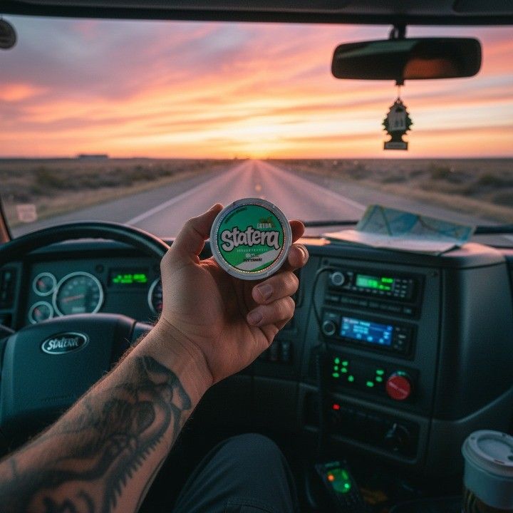 Truck driver view from inside cab holding STATERA energy pouches
