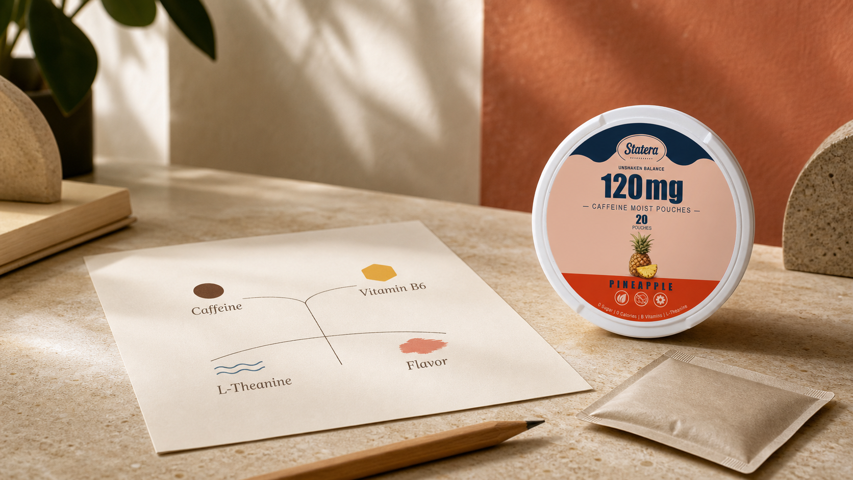 STATERA Pineapple 120mg caffeine pouch can beside a paper formula map labeled Caffeine, Vitamin B6, L-Theanine and Flavor