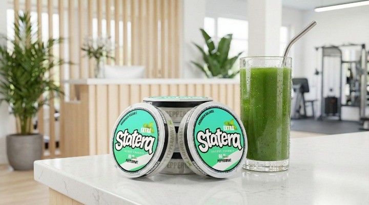 STATERA energy pouches displayed at a modern gym reception counter