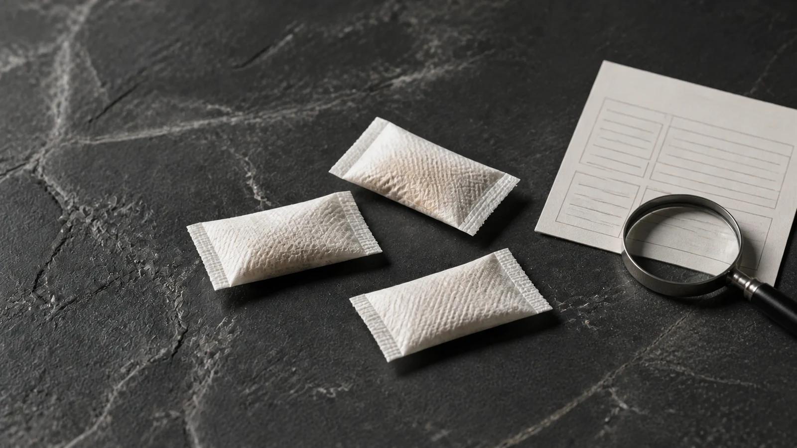 Three white caffeine pouches beside an ingredient information card and magnifying glass