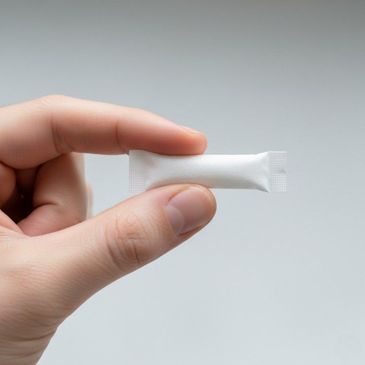A close-up of fingers holding a small, clean white STATERA caffeine pouch