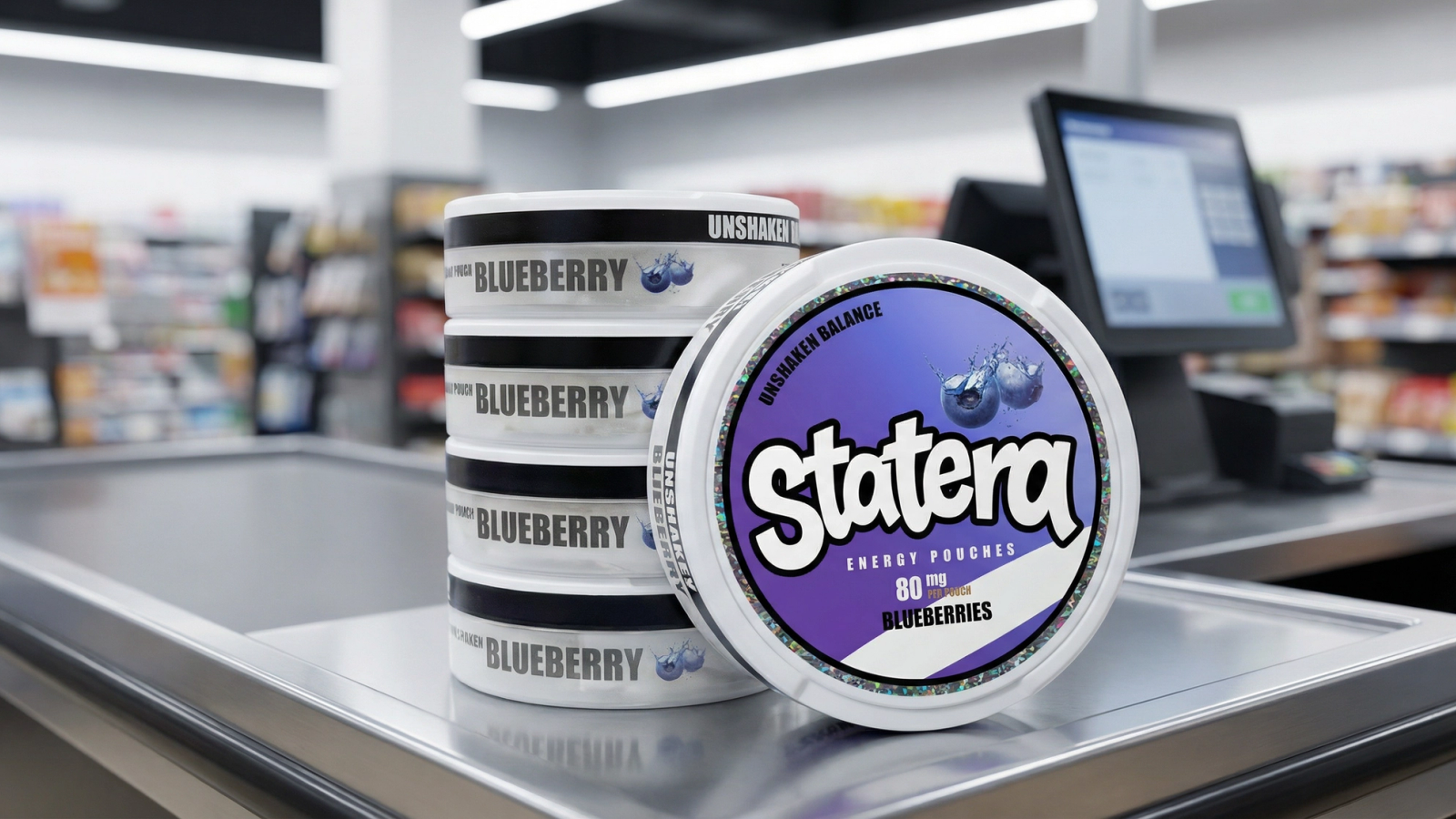 Adult retail customer reading a clearly labeled STATERA caffeine pouch package