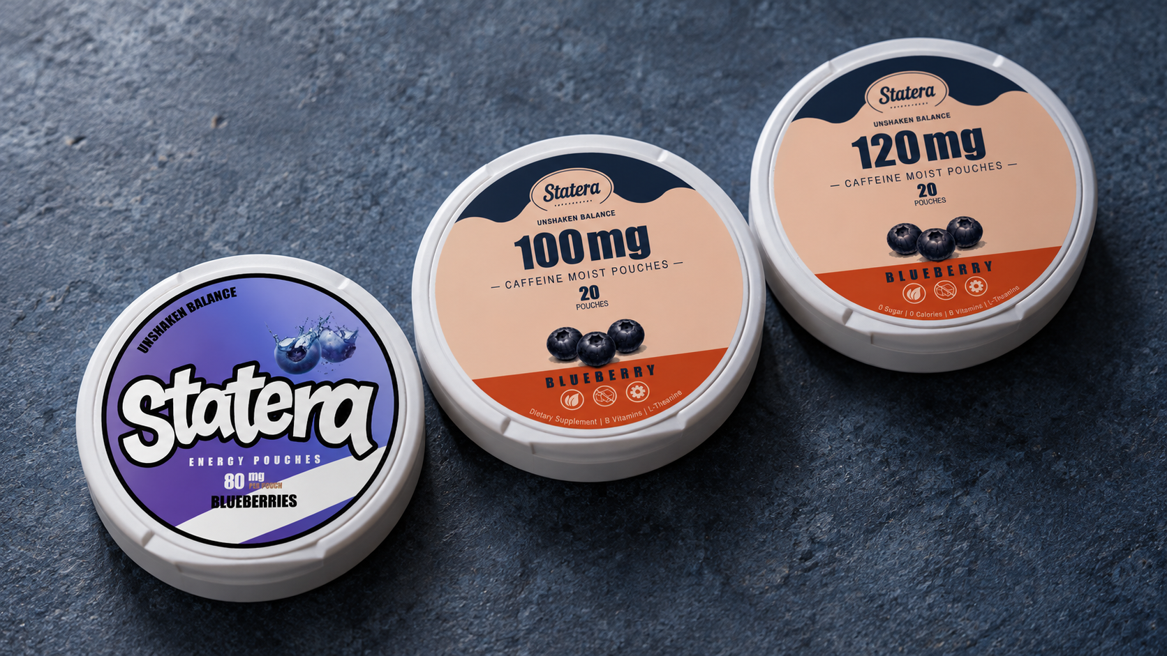 Real STATERA Blueberry 80mg, 100mg and 120mg caffeine pouch cans arranged from left to right