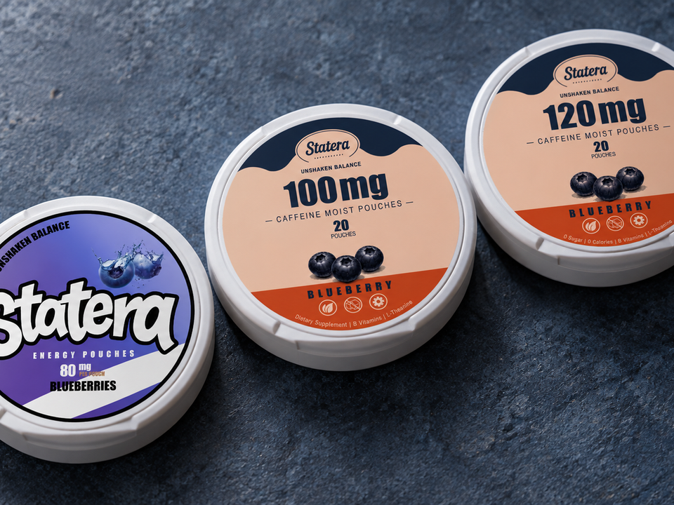 Real STATERA Blueberry 80mg, 100mg and 120mg caffeine pouch cans arranged from left to right
