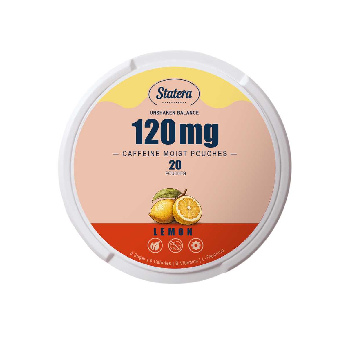STATERA Lemon 120mg caffeine pouches, 20 count can, zero sugar, zero calories, zero nicotine