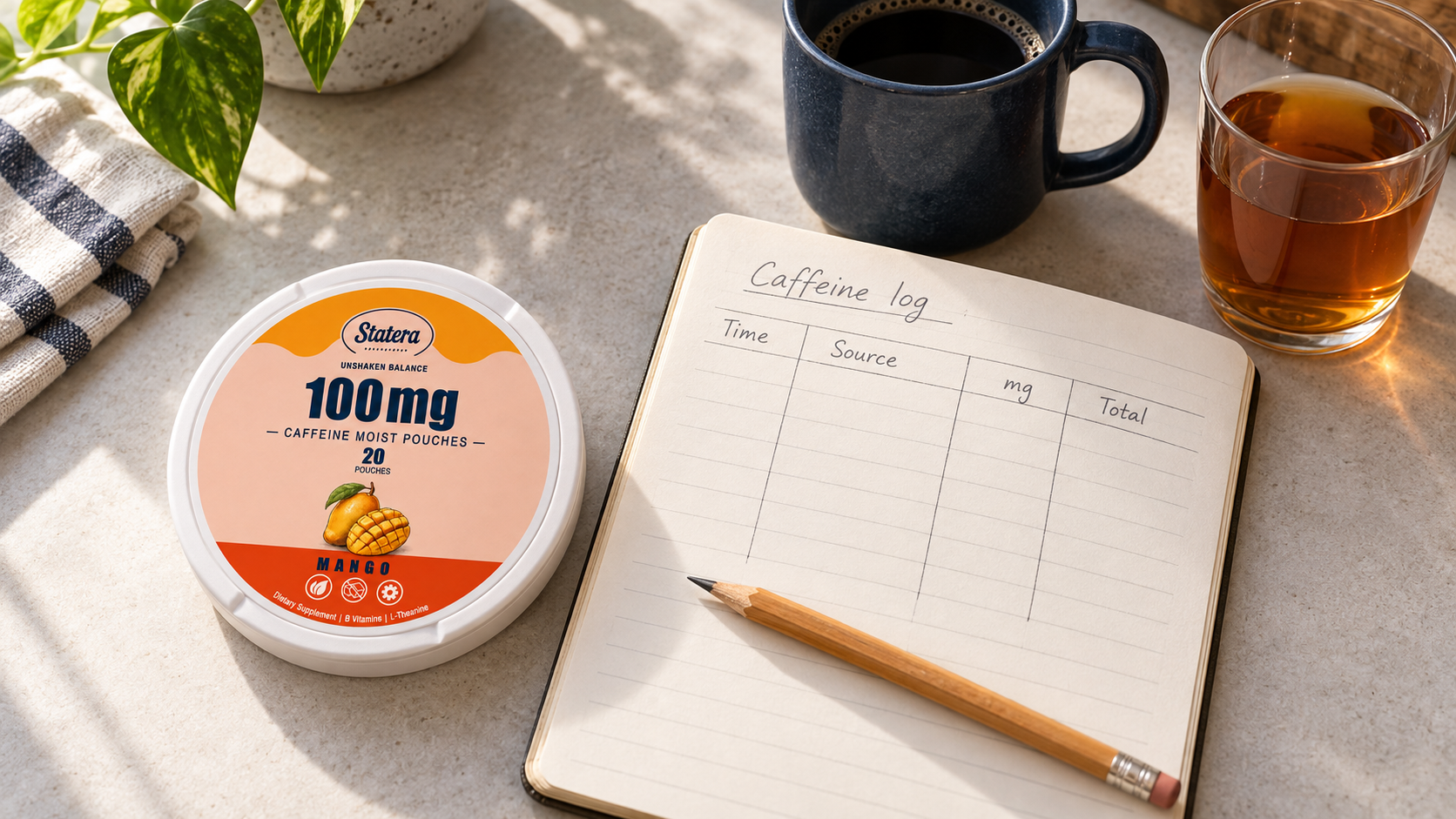 STATERA Mango 100mg can beside a blank caffeine log, pencil, coffee mug and glass of tea on a kitchen counter