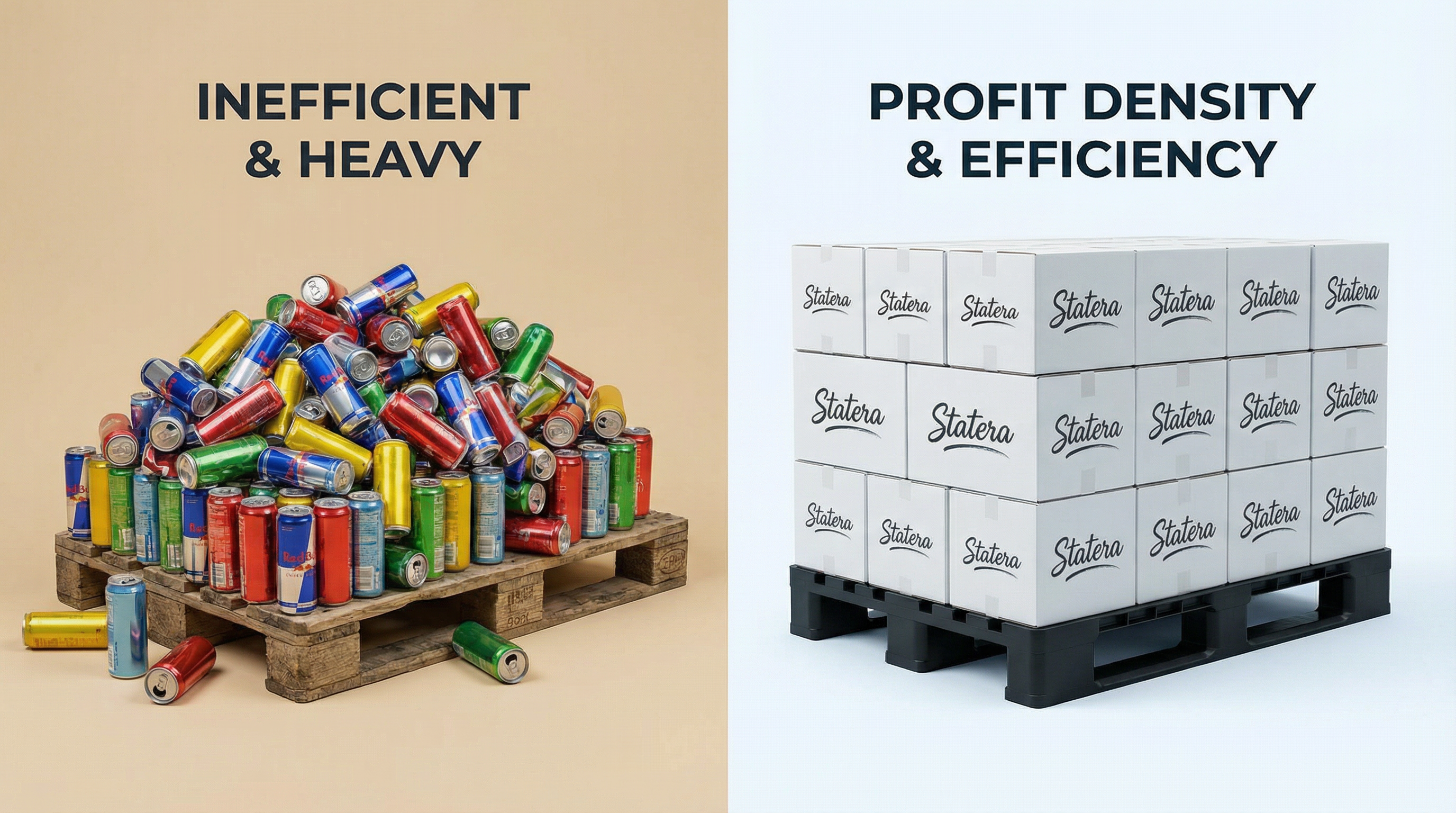 Pallet comparison: traditional energy drink cans versus STATERA wholesale caffeine pouch boxes showing profit density advantage
