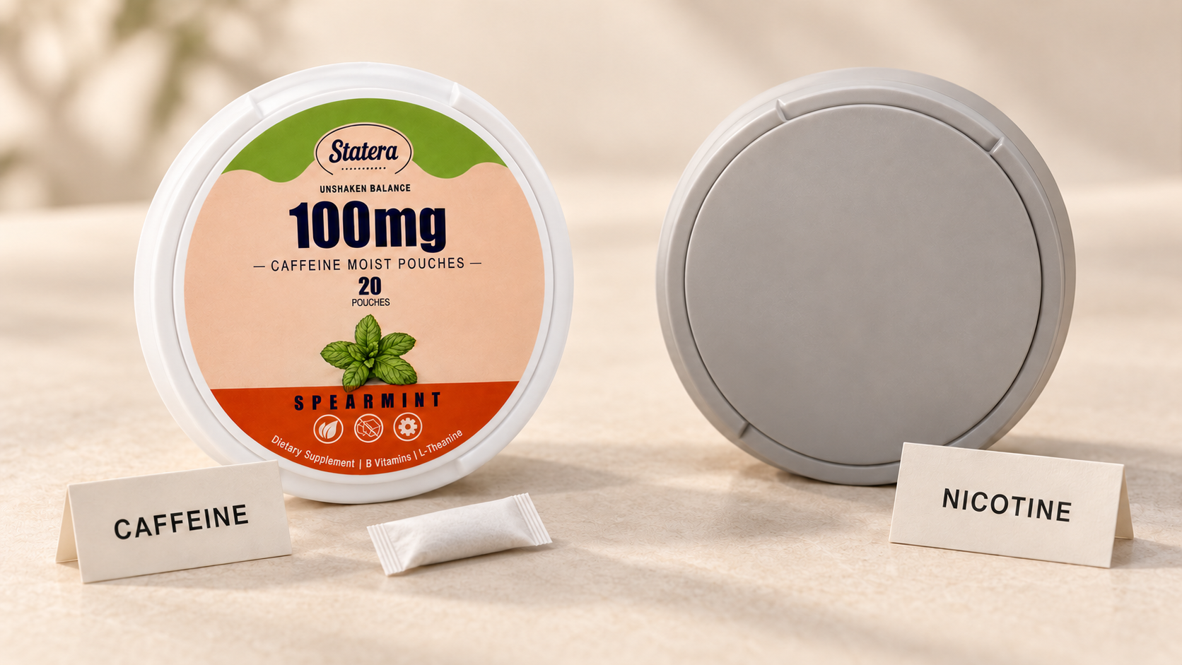 STATERA Spearmint 100mg caffeine can with a white oral pouch beside a plain grey can representing nicotine pouches