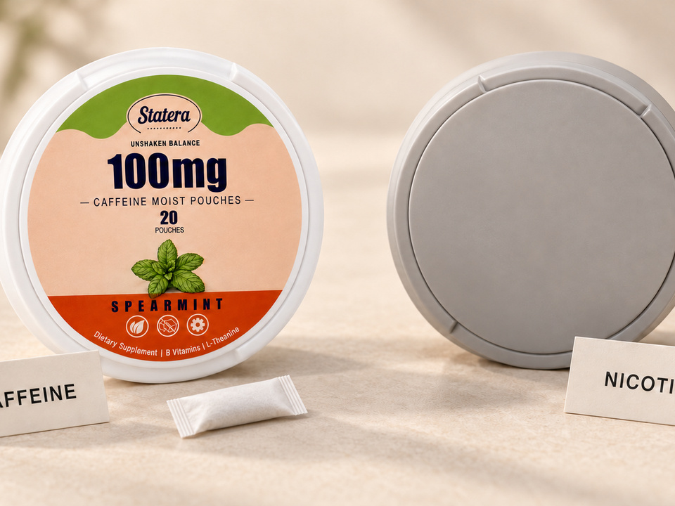 STATERA Spearmint 100mg caffeine can with a white oral pouch beside a plain grey can representing nicotine pouches