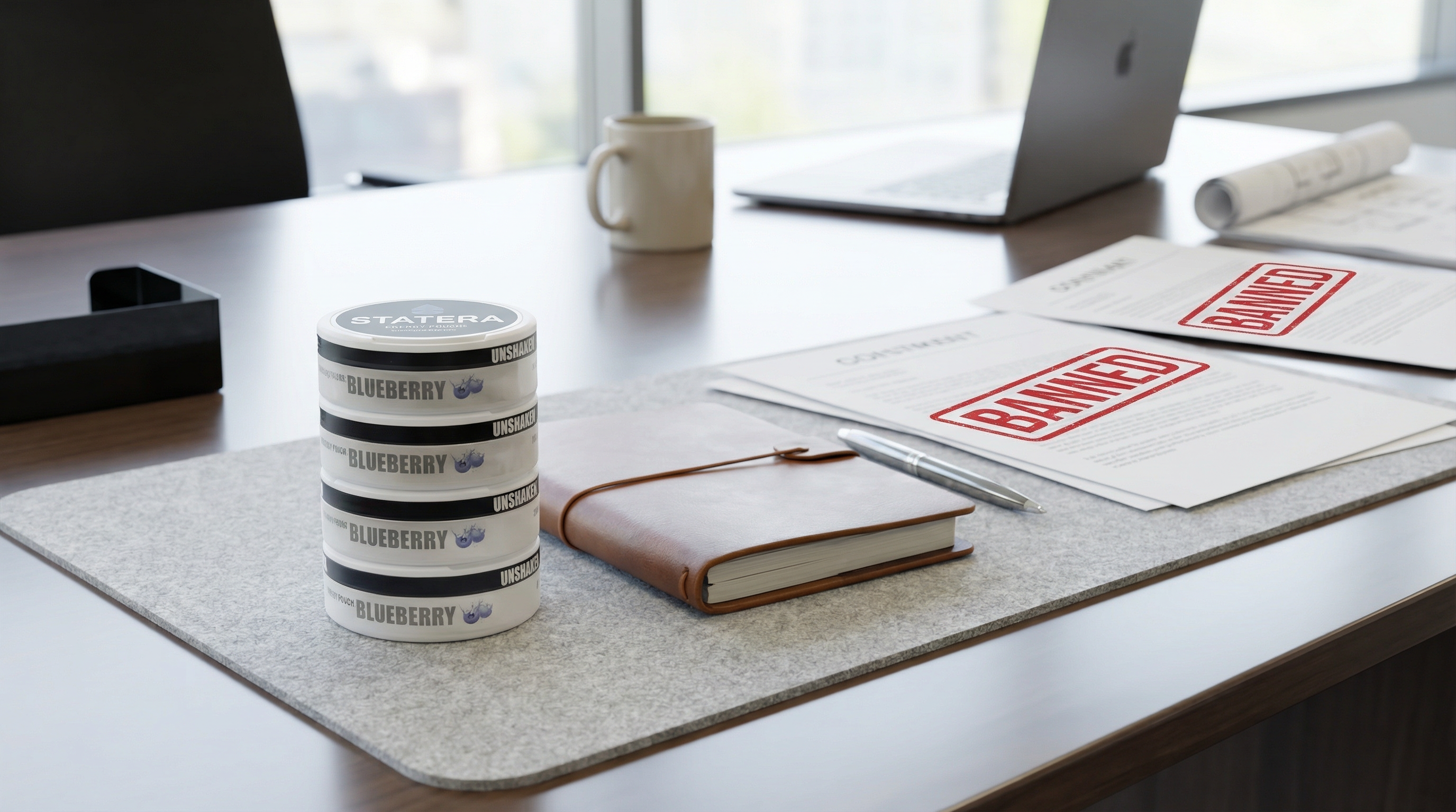 STATERA caffeine pouch cans on an office desk, representing a legal alternative to regulated nicotine products