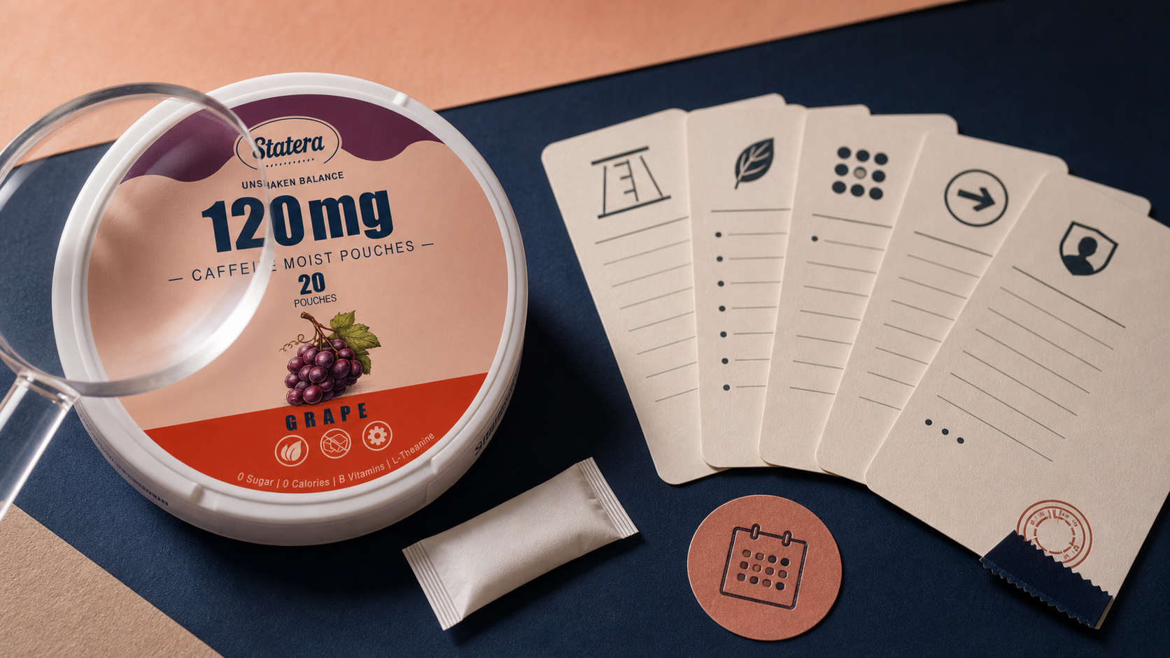STATERA Grape 120mg caffeine pouch can and one loose oral pouch beside a magnifying glass and formula comparison cards